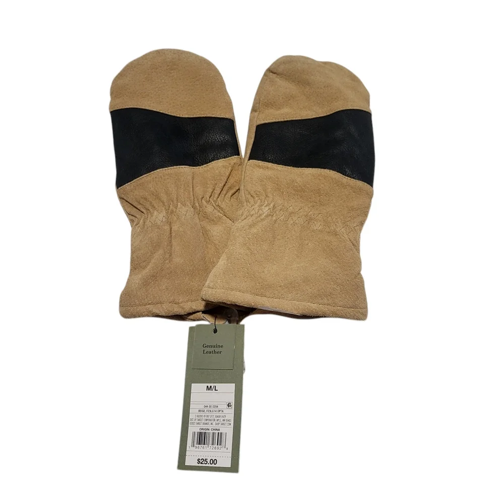 NWT Goodfellow leather like camel and black mittens, size medium/large